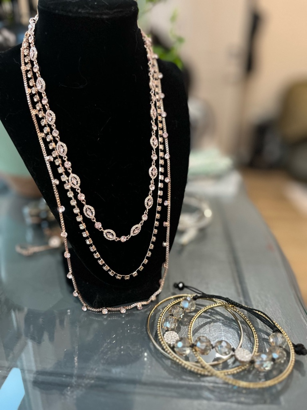 Elegant Rose Gold Multi-Layer Crystal Necklace + bangle set